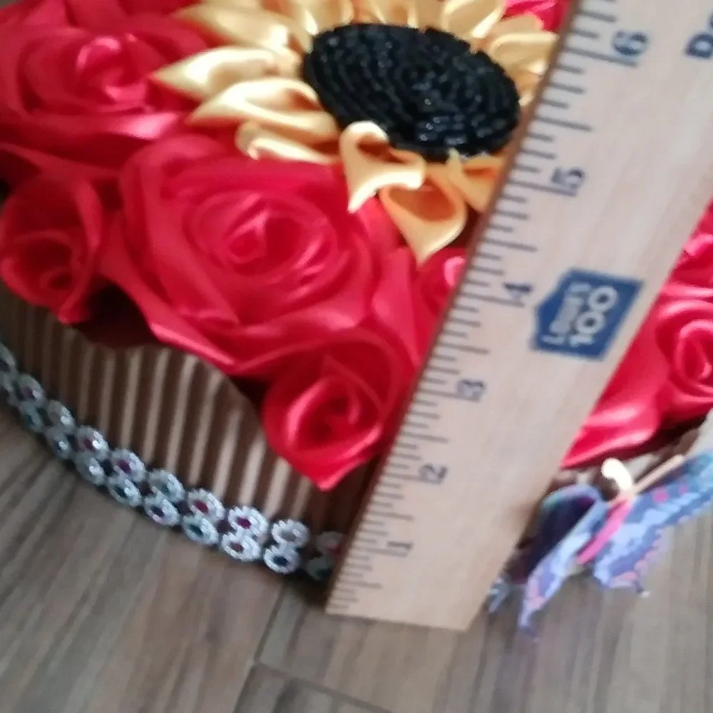 Eternal red satin rose floral arrangement, love box 8 red roses, 1 sunflower